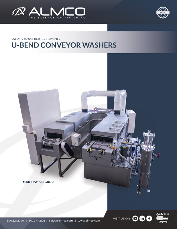Parts washing and drying u-bend conveyor washers.